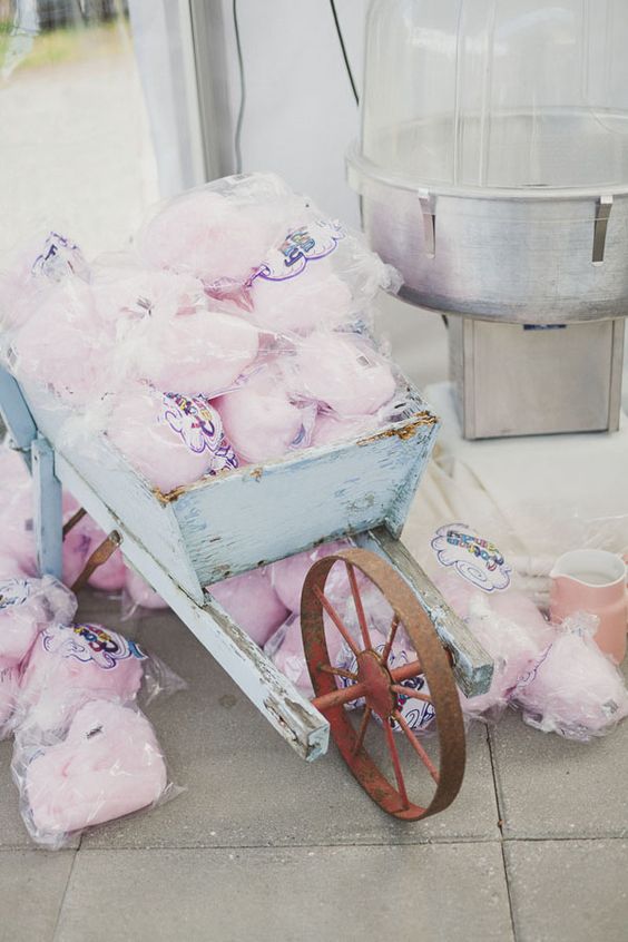 cotton candy in a wheelbarrow