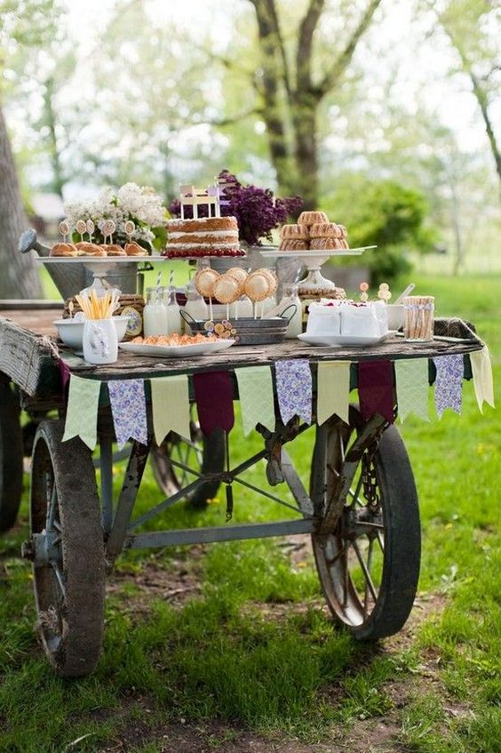 old farm wagon wedding cake table