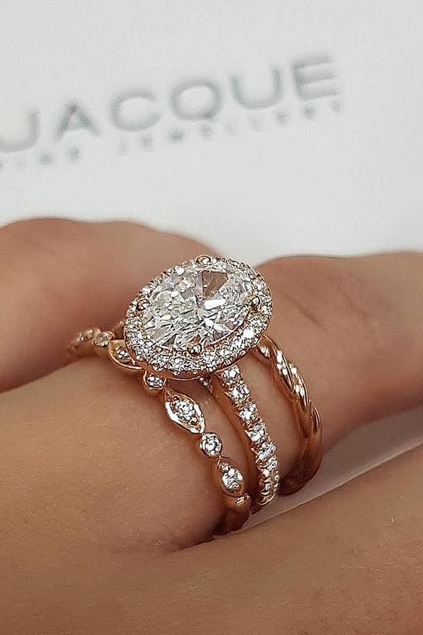 rose gold engagement rings wedding set bands halo oval cut diamond