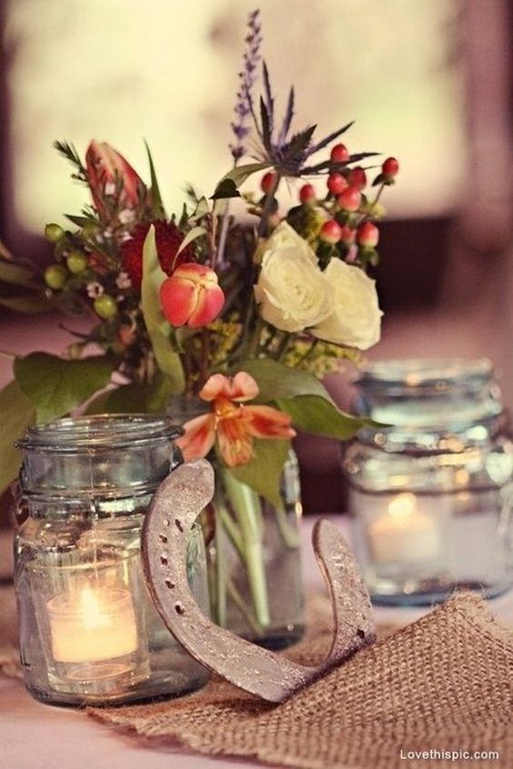 rustic wedding horseshoe wedding centerpiece with burlap and mason jars