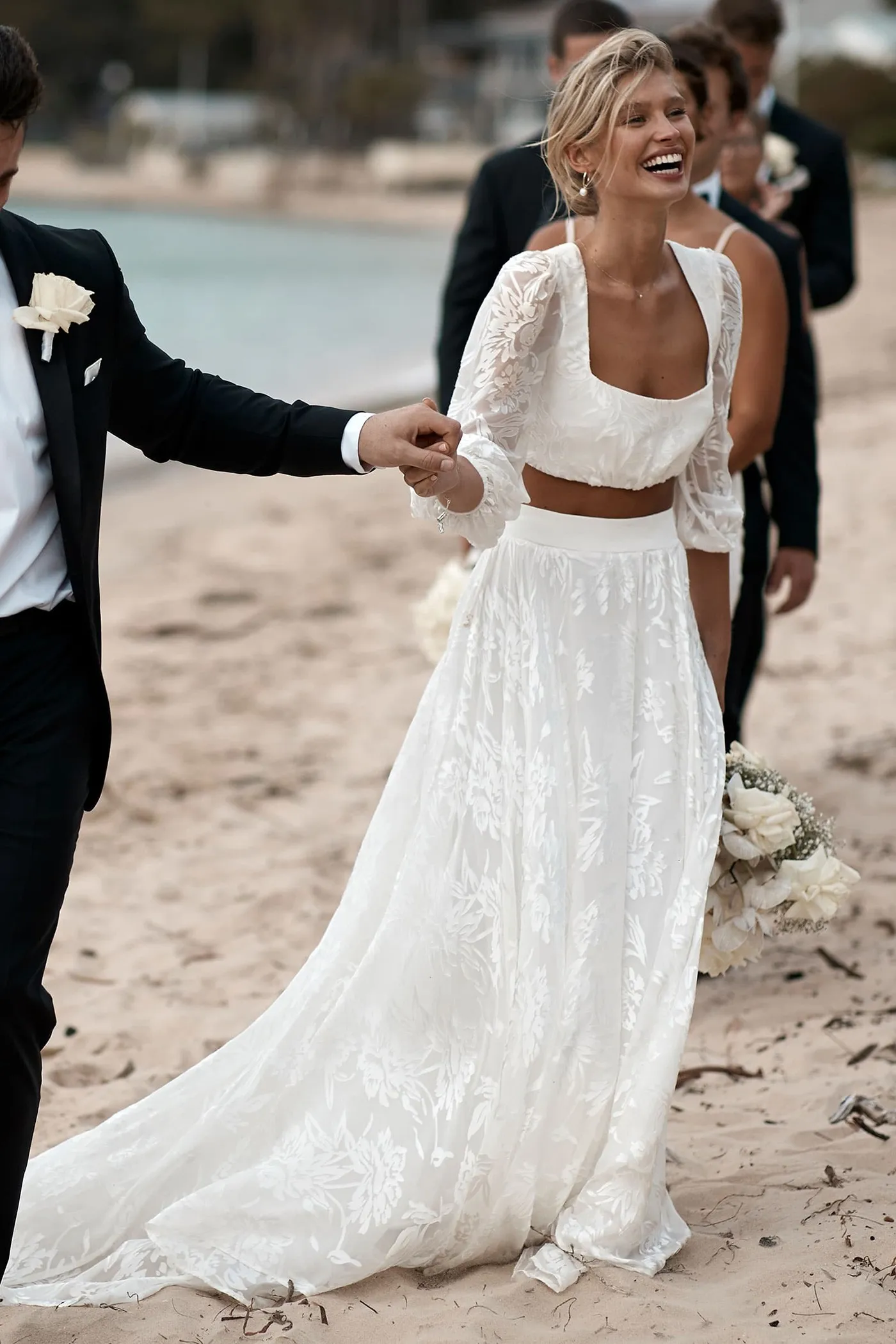 two pieces beach wedding dresses with long sleeves