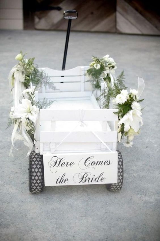 white 'here comes the bride' wagon