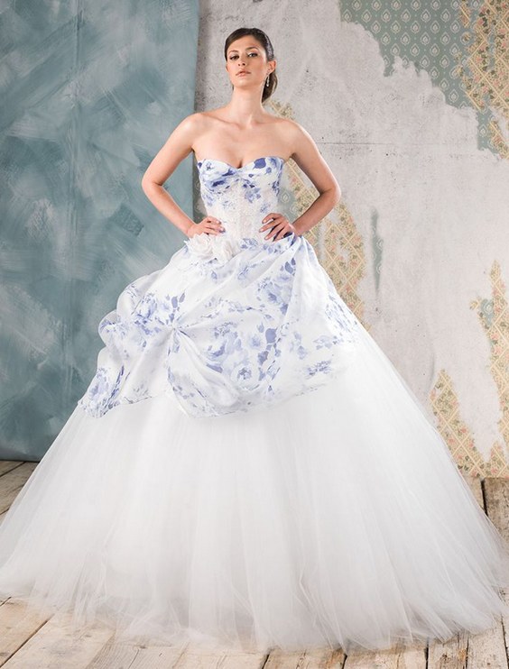 Delsa Couture Blue Floral Printed Wedding Gown