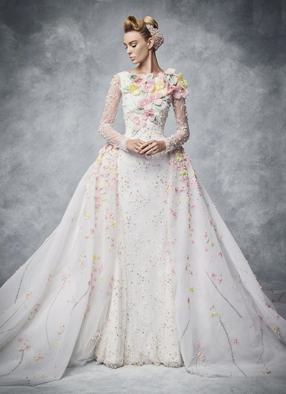 Hobeika pastel floral wedding dress with long sleeves