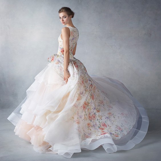 Lazaro Floral Printed Ball Gown Wedding Dress