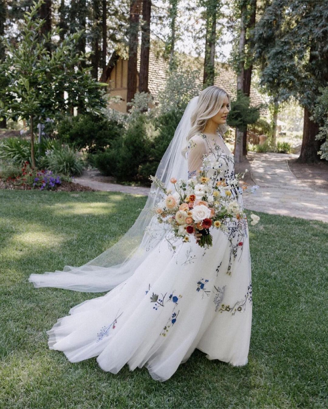 blue embroidery floral wedding gown with longmoniquelhuillierbride