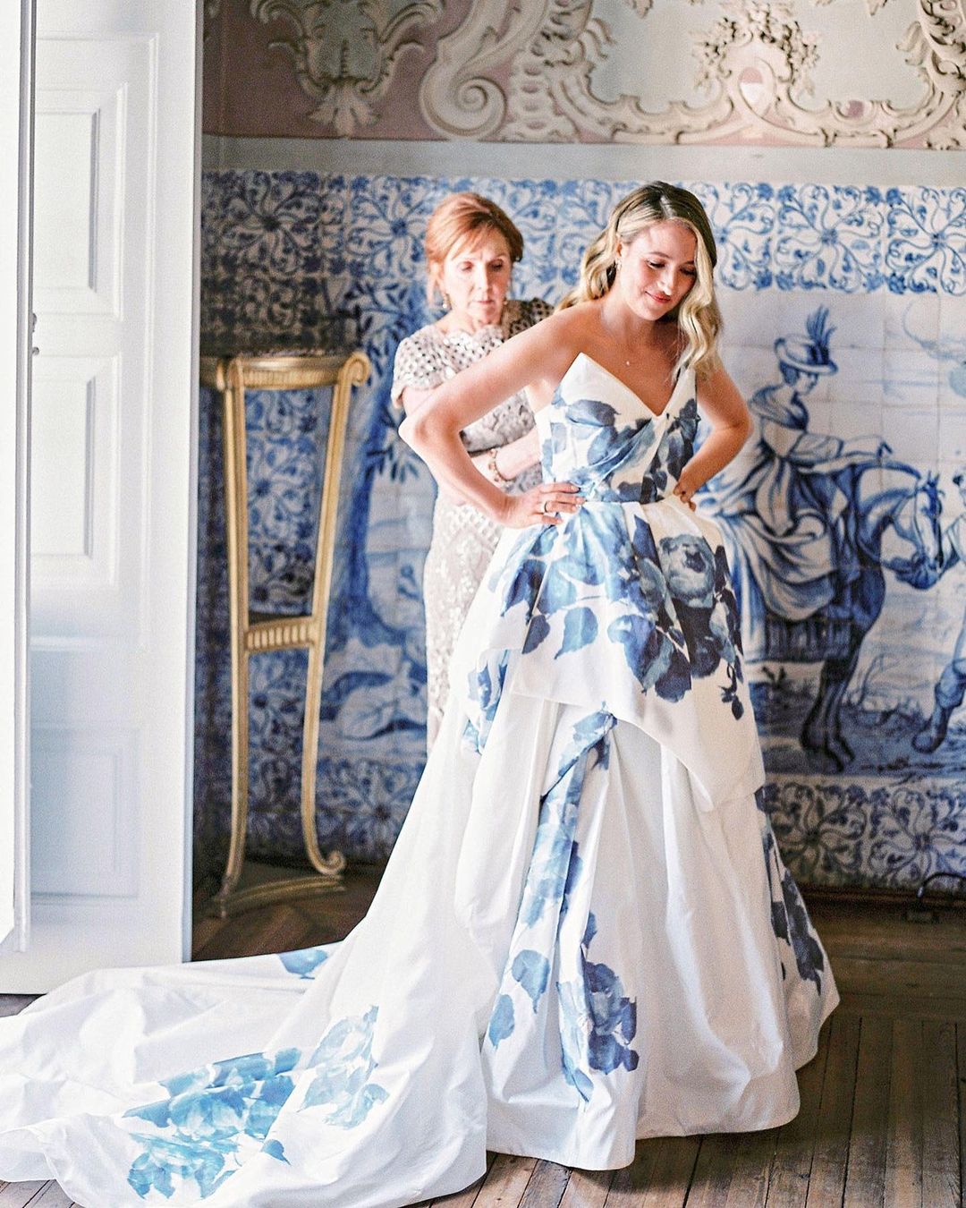 blue watercolor v-neck flower ball gown wedding dress martha_weddings