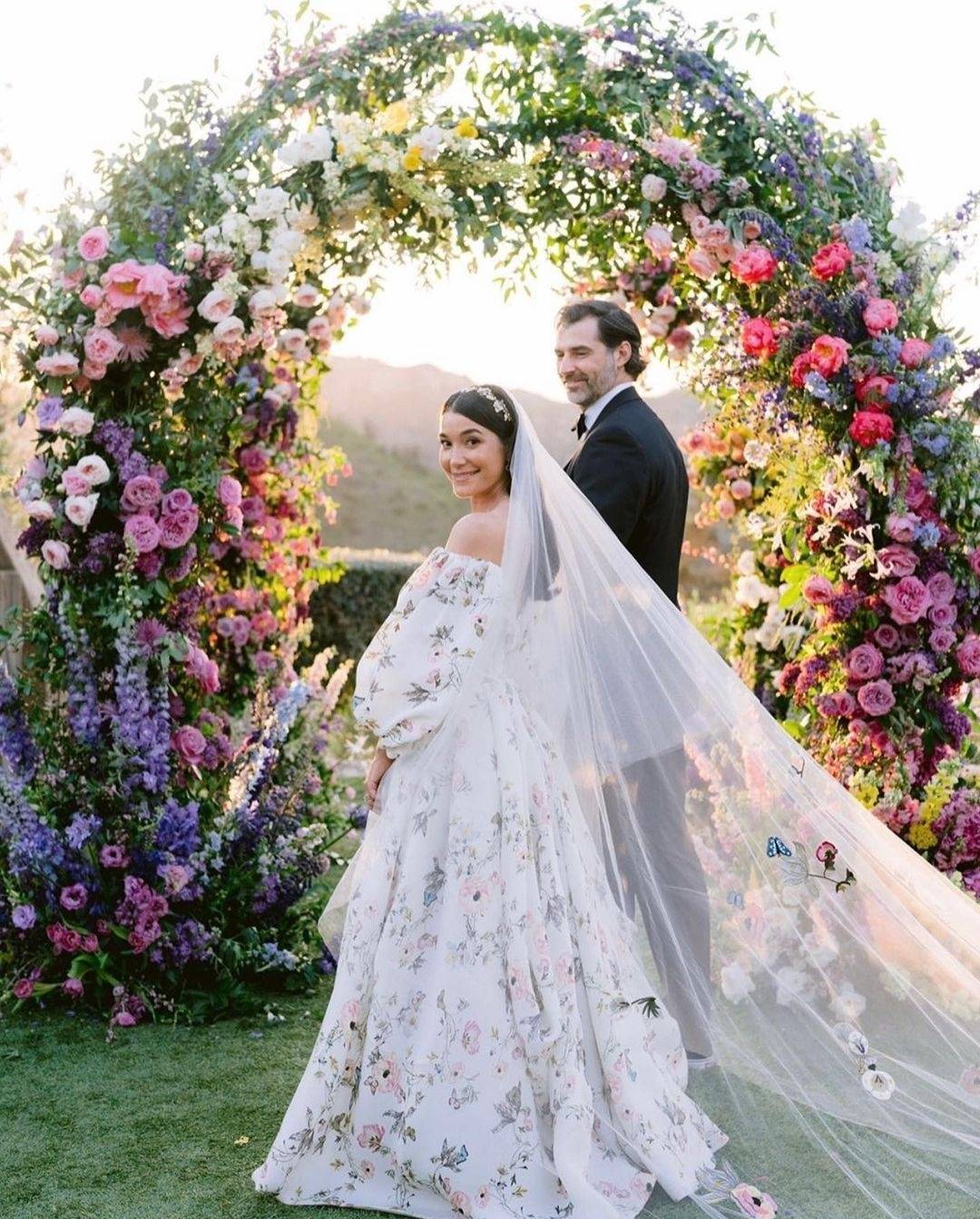 blush peach watercolor flower bridal dress puff sleeves