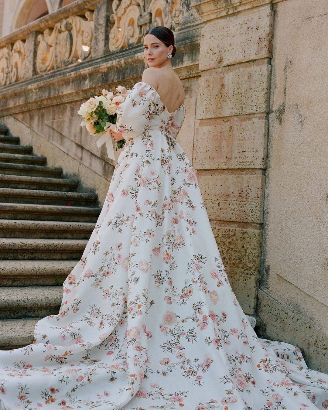 blush peach watercolor flower wedding dress off the shoulder