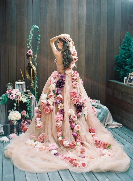 blush pink wedding dress with flowers