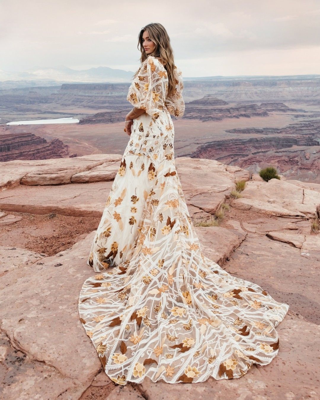 bohemian orange floral lace applique puff sleeves wedding gown