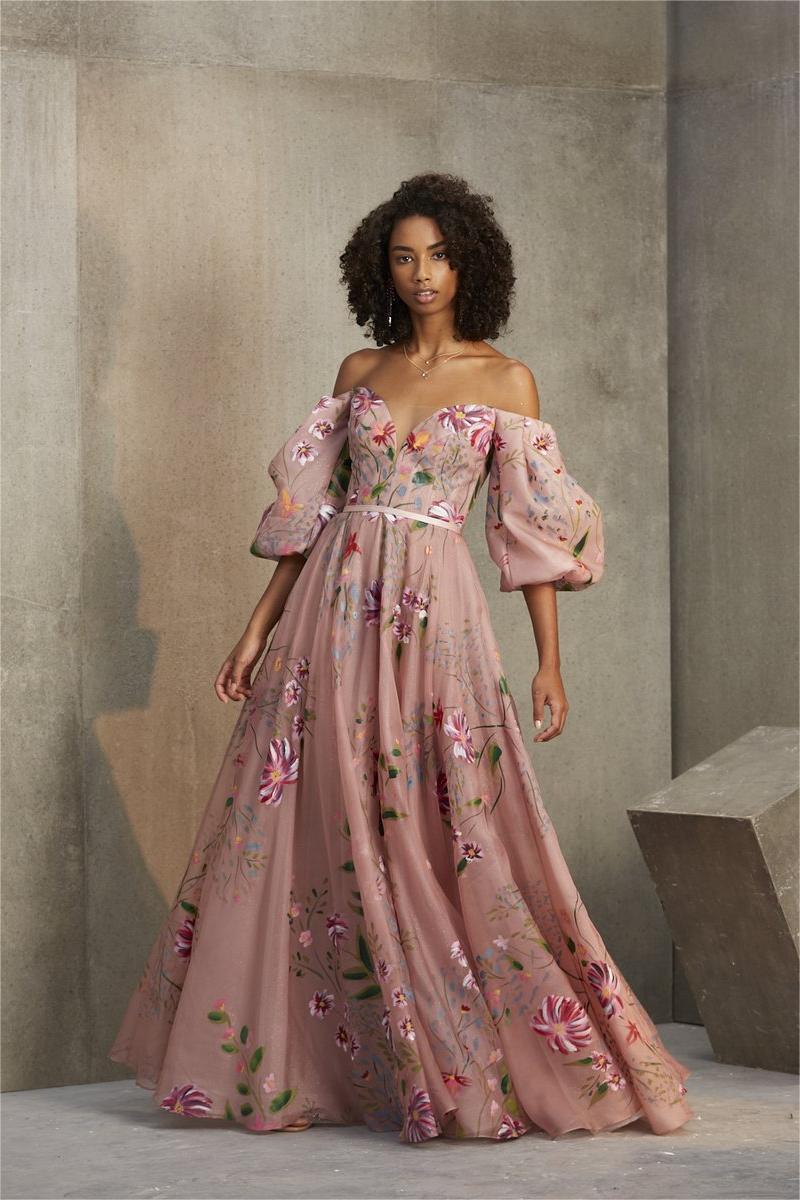 dusty rose flower wedding gown with off the shoulder puff sleeves savinlondon