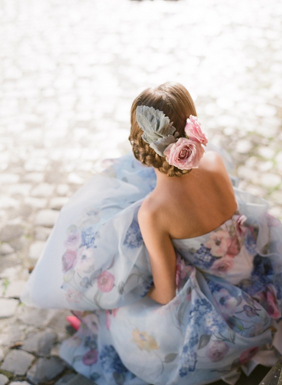 floral print wedding dress and wedding hairstyle