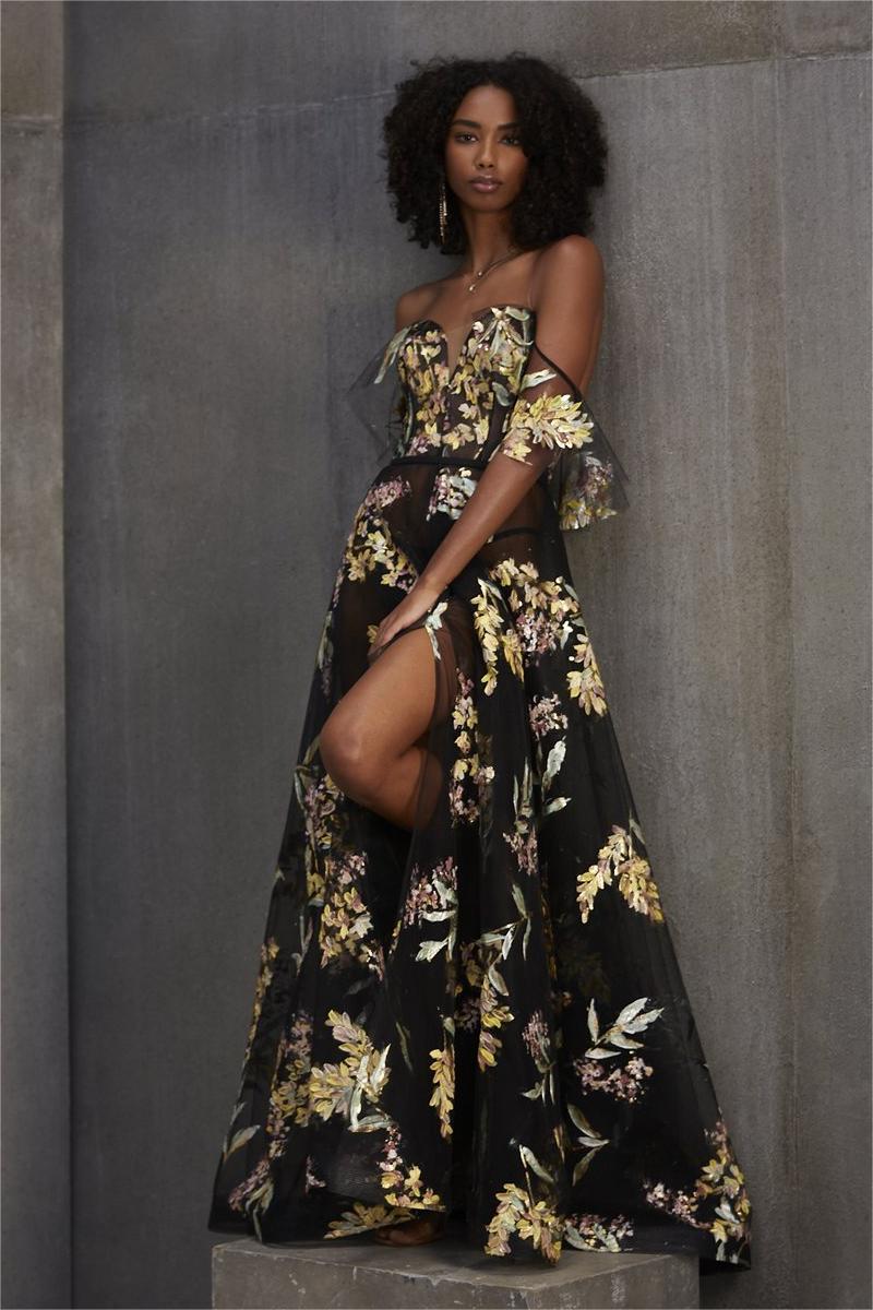 gold and black flower aline wedding gown with slit savinlondon