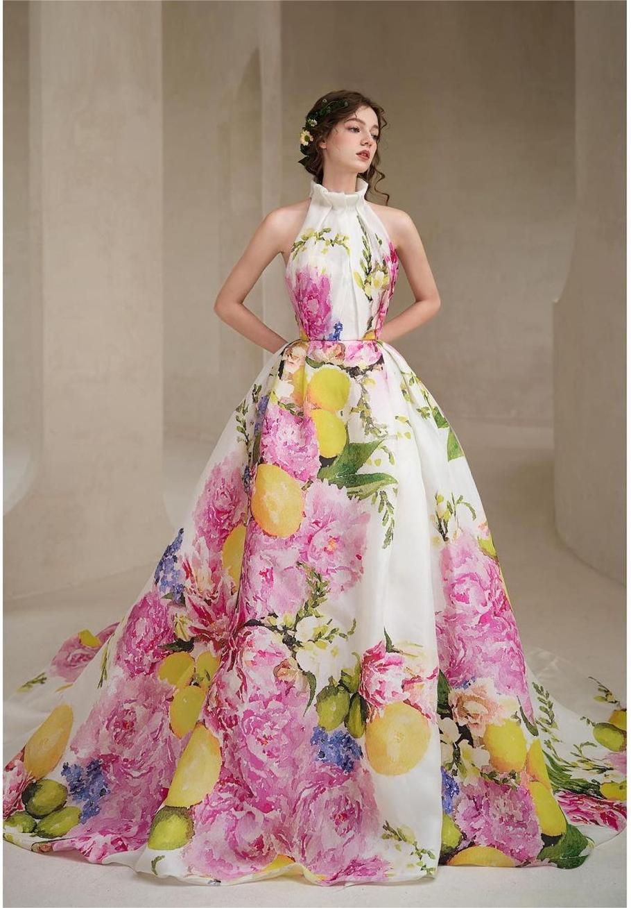 halter pink flowers and yellow lemon flower printed wedding gown moniquelhuillier