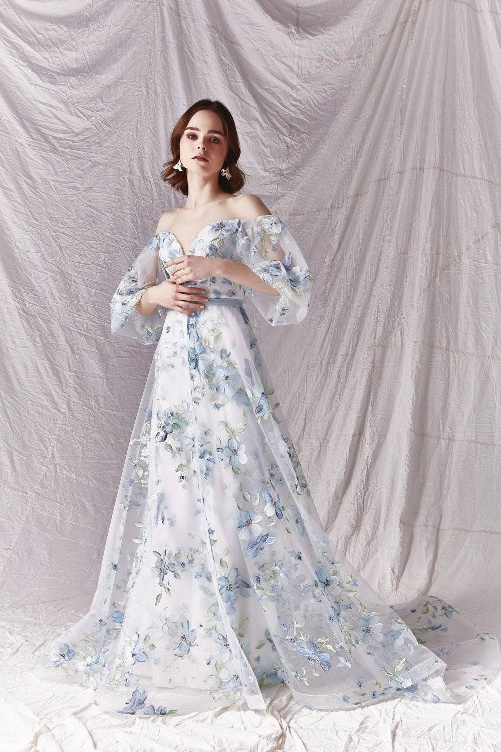 off the shoulder blue watercolor floral wedding dress savinlondon