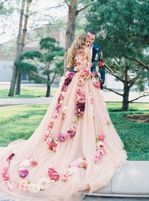 pink wedding dress with flowers