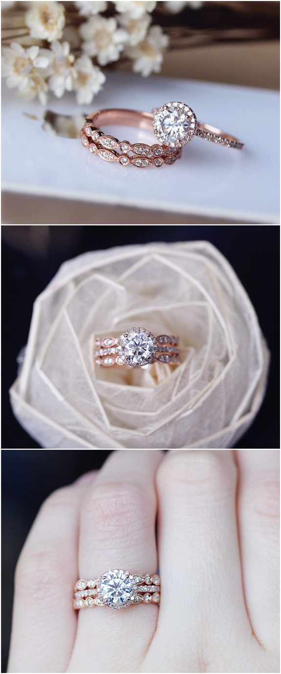 1ct Brilliant Moissanite Engagement Ring 3 Ring Set Solid 14K Rose Gold Wedding Ring Set Moissanite Ring Set Anniversary Ring Set