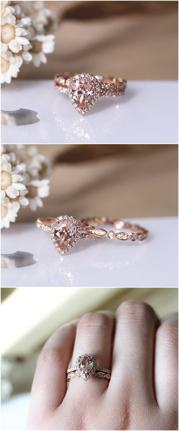 1ct Pear VS Morganite Ring Set 2PCS Engagement Ring Set Solid 14K Rose Gold Ring Set Wedding Ring Set