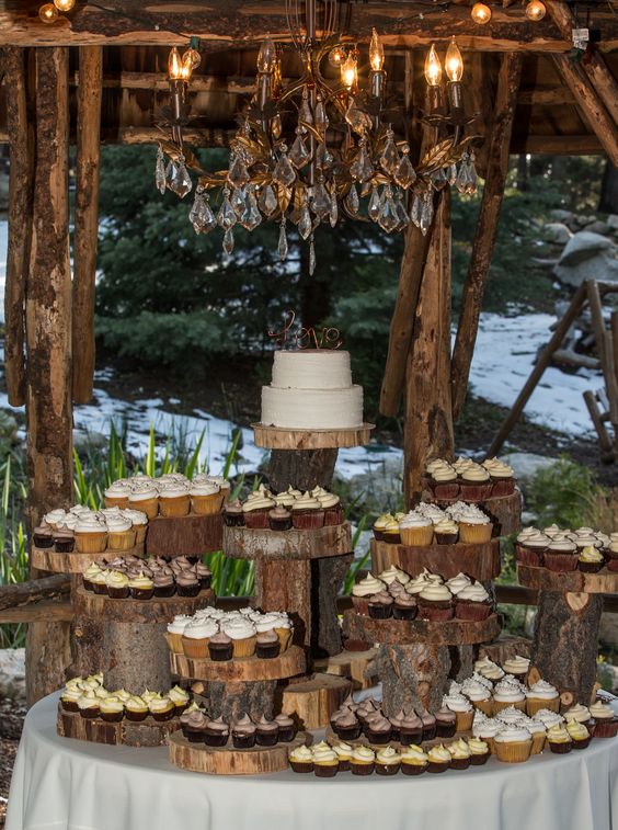 2 tiered wedding cake with cupcakes is an alternative to a multi-tiered cake at Hidden Creek Lodge