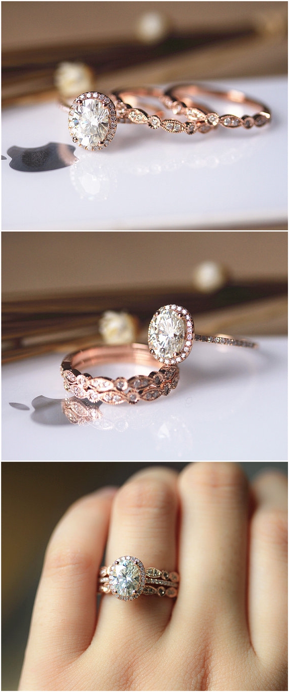 3PCS Ring Set ! 6x8mm Oval Brilliant Moissanite Ring Set Wedding Ring Set Solid 14K Rose Gold Ring Set