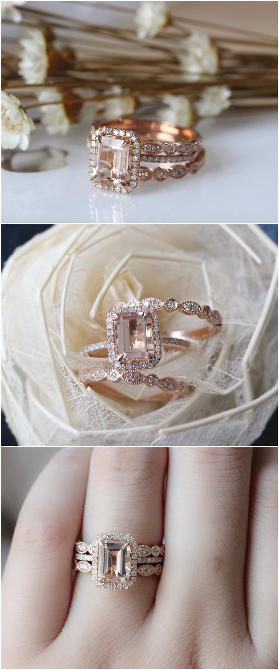 3PCS ring set Emerald Cut 14K Rose Gold Morganite Ring Set Morganite Engagement Ring Set Wedding Ring Set
