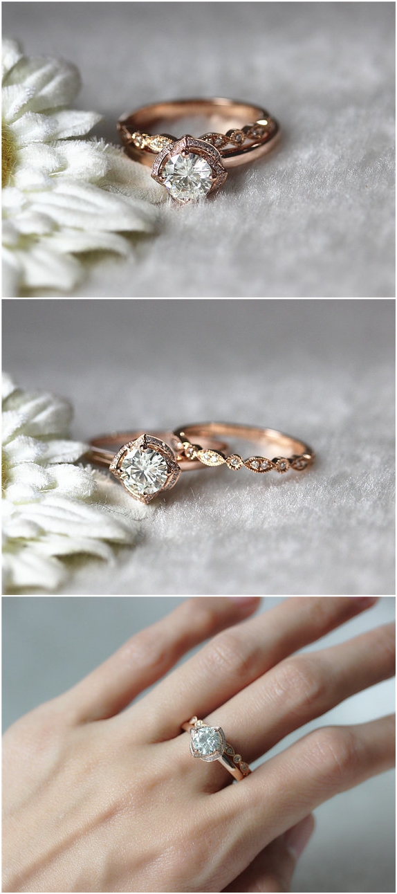 Brilliant Moissanite Ring Set 6.5mm Moissanite Wedding Ring and Half Eternity Ring