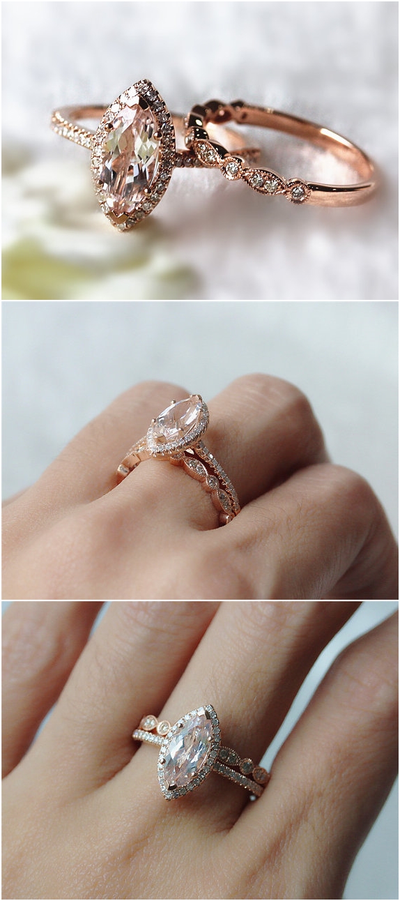 Fancy Pink Morganite Wedding Set 1.0ct Morganite Jewelry Wedding Ring