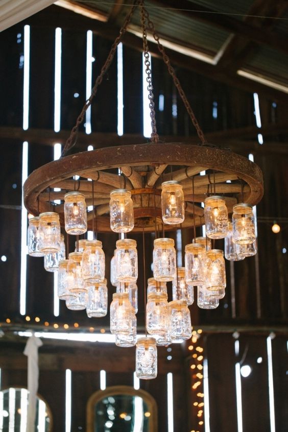 Mason Jar Wagon Wheel Wedding Chandelier for Rustic Barn Weddings