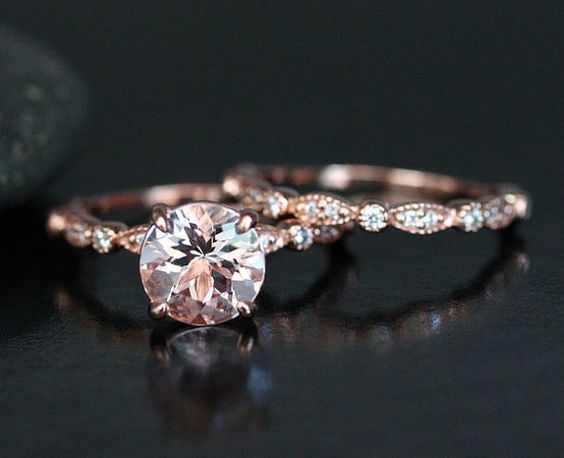 Morganite Wedding Ring Set in 14k Rose Gold by Twoperidotbirds