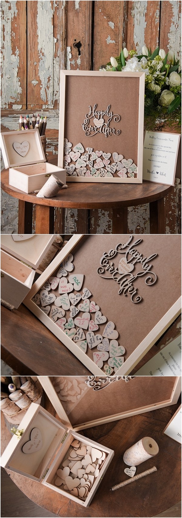 Rustic Laser Cut Wood Wedding Guest Book- Happy Ever After