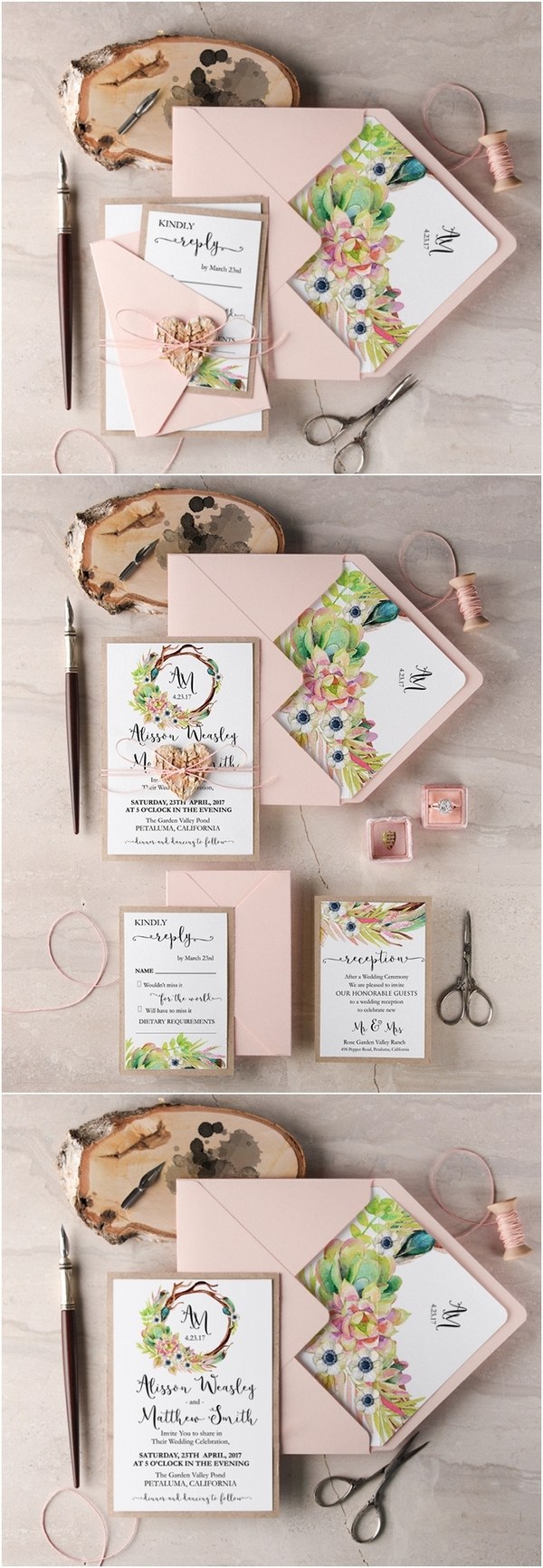 Rustic blush pink botanical wedding invitations