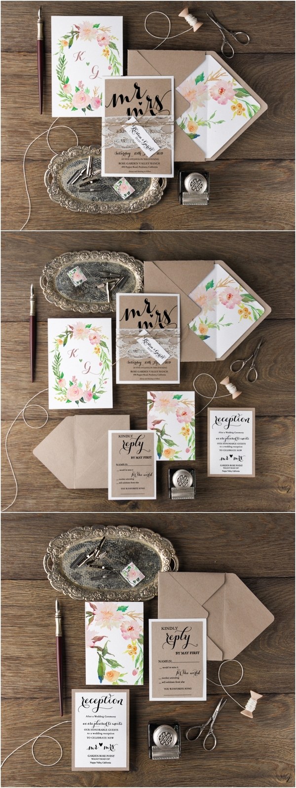 Rustic botanical lace wedding invitation kits with tag