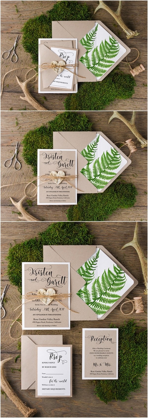 Rustic country botanical green wedding invitations