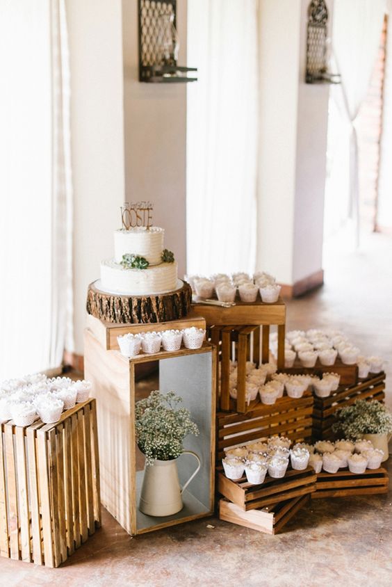 Rustic wedding cake & cupcake display