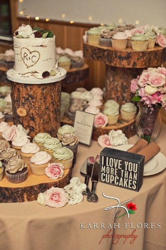 Rustic wedding cupcake and tree stump cupcake stand