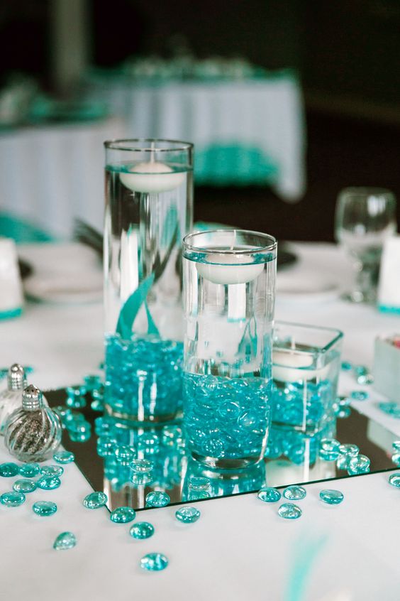 Teal Glass Pebbles Candle Centerpiece