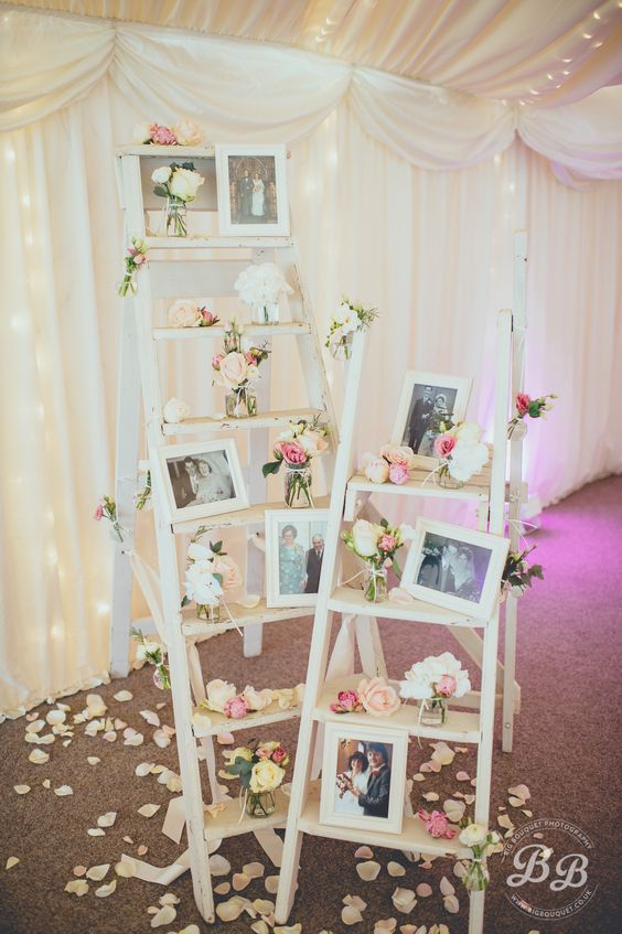 Use a ladder to display important wedding photos of your immediate family
