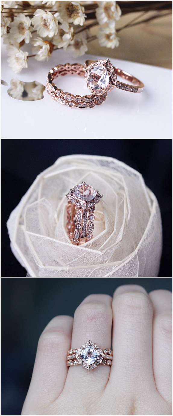 Vintage Cushion Morganite Ring Set Solid 14K Rose Gold Morganite Engagement Ring Set