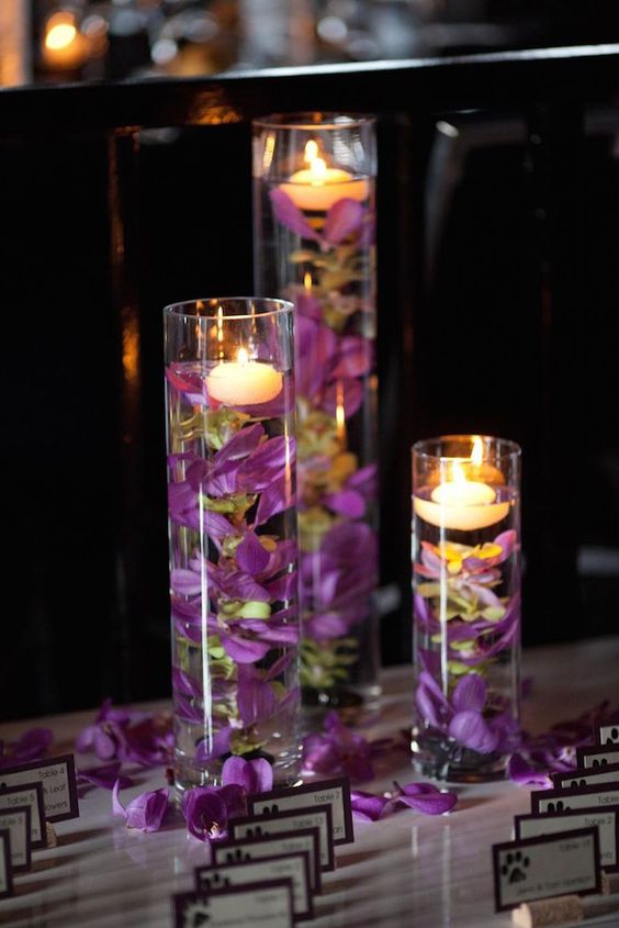 purple floating candle wedding escort card table