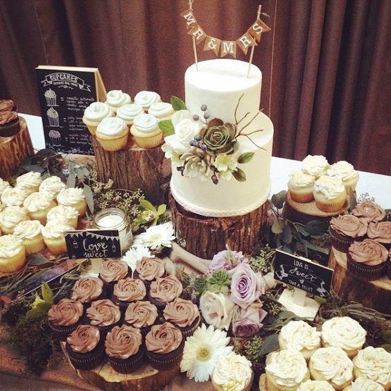 rustic woodland wedding cake and dessert table