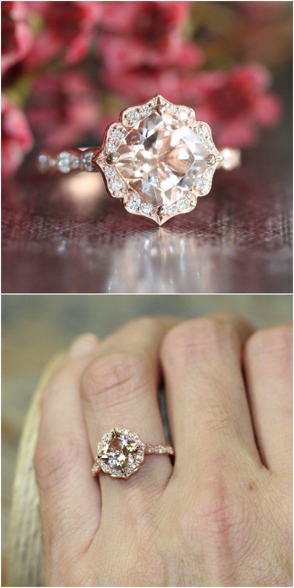 14k Rose Gold Vintage Floral Morganite Engagement Ring Scalloped Diamond Wedding Band 8x8mm Cushion Pink Peach Morganite Ring