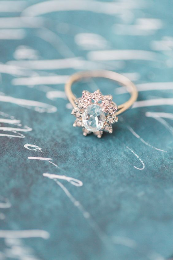 Aquamarine floral shaped engagement ring