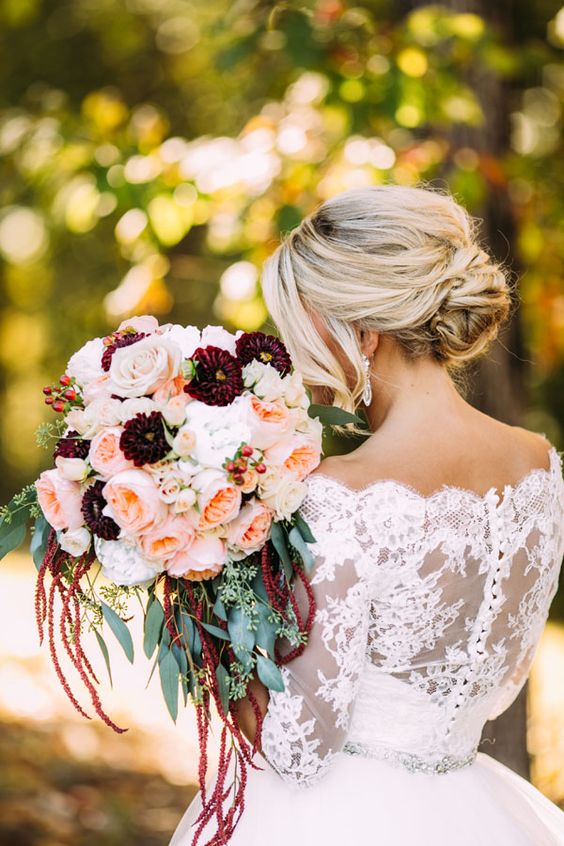 Burgundy and peach fall wedding bouquet