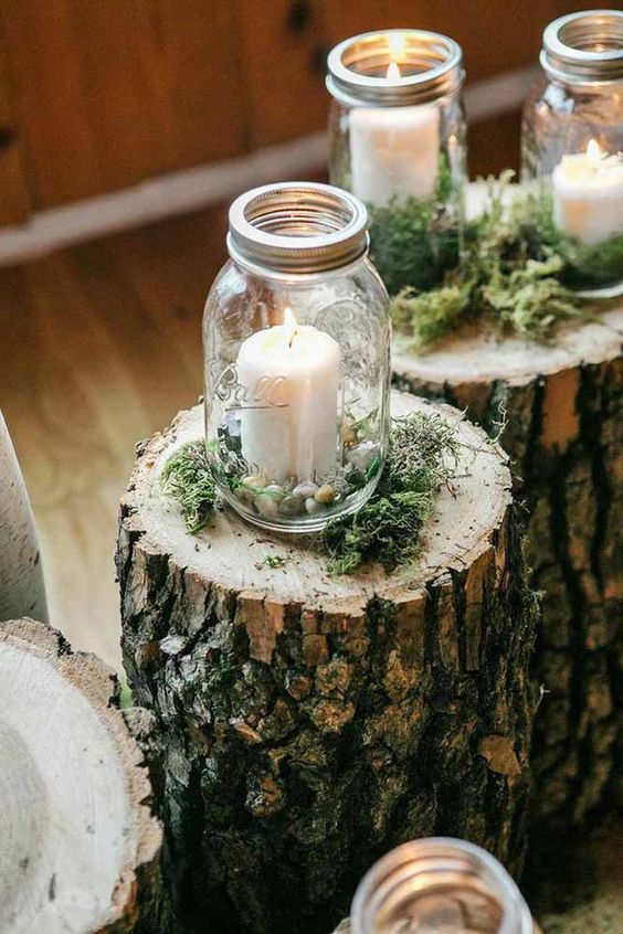 Candles on maon jar wedding decor