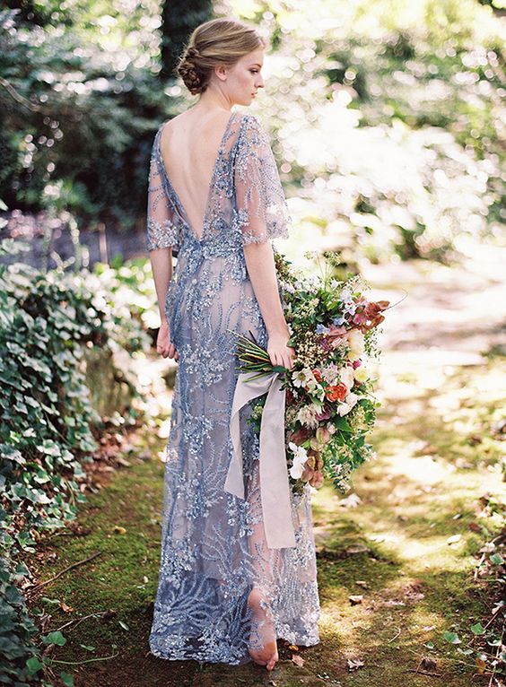 Flutter Sleeve Beaded Wedding Dress in Dusty Blue