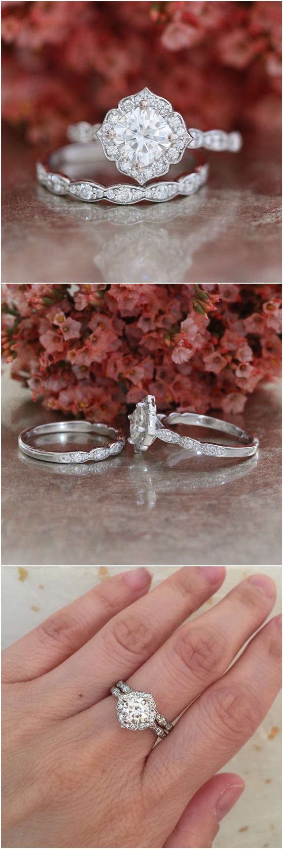 Forever One Moissanite Engagement Ring and Scalloped Diamond Wedding Band Bridal Set 14k White Gold 6x6mm Cushion Mini Vintage Floral Ring