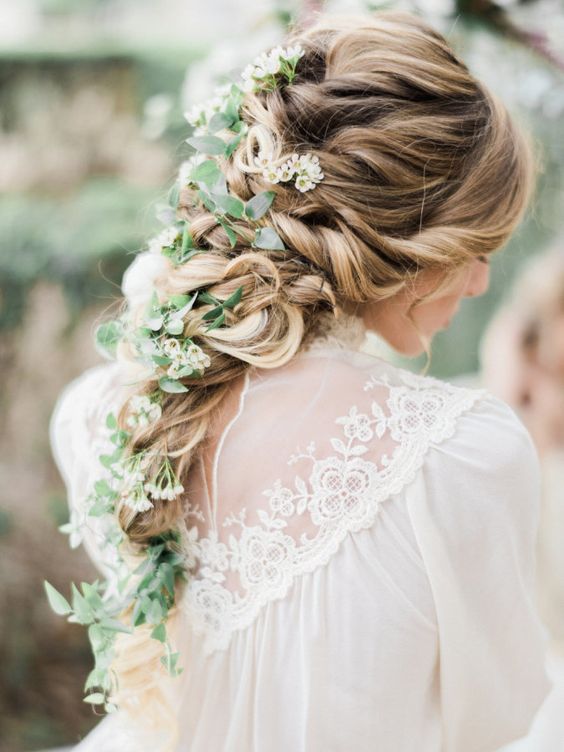 Gorgeous floral filled braid long wedding hairstyle via Honey Honey Photography