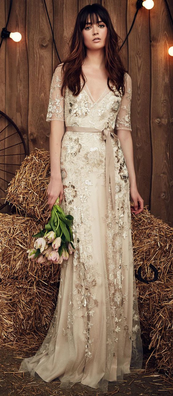 Jenny Packham Spring 2017 vinatge short sleeves wedding dress