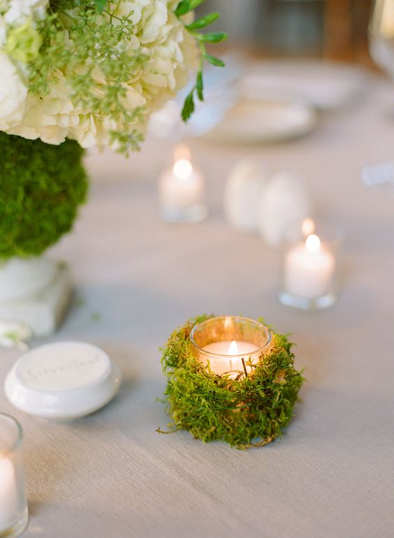Moss Covered Votive candle wedding centerpiece